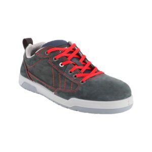 Producto de zapato de seguridad gris oscuro con detalle rojo y gris claro