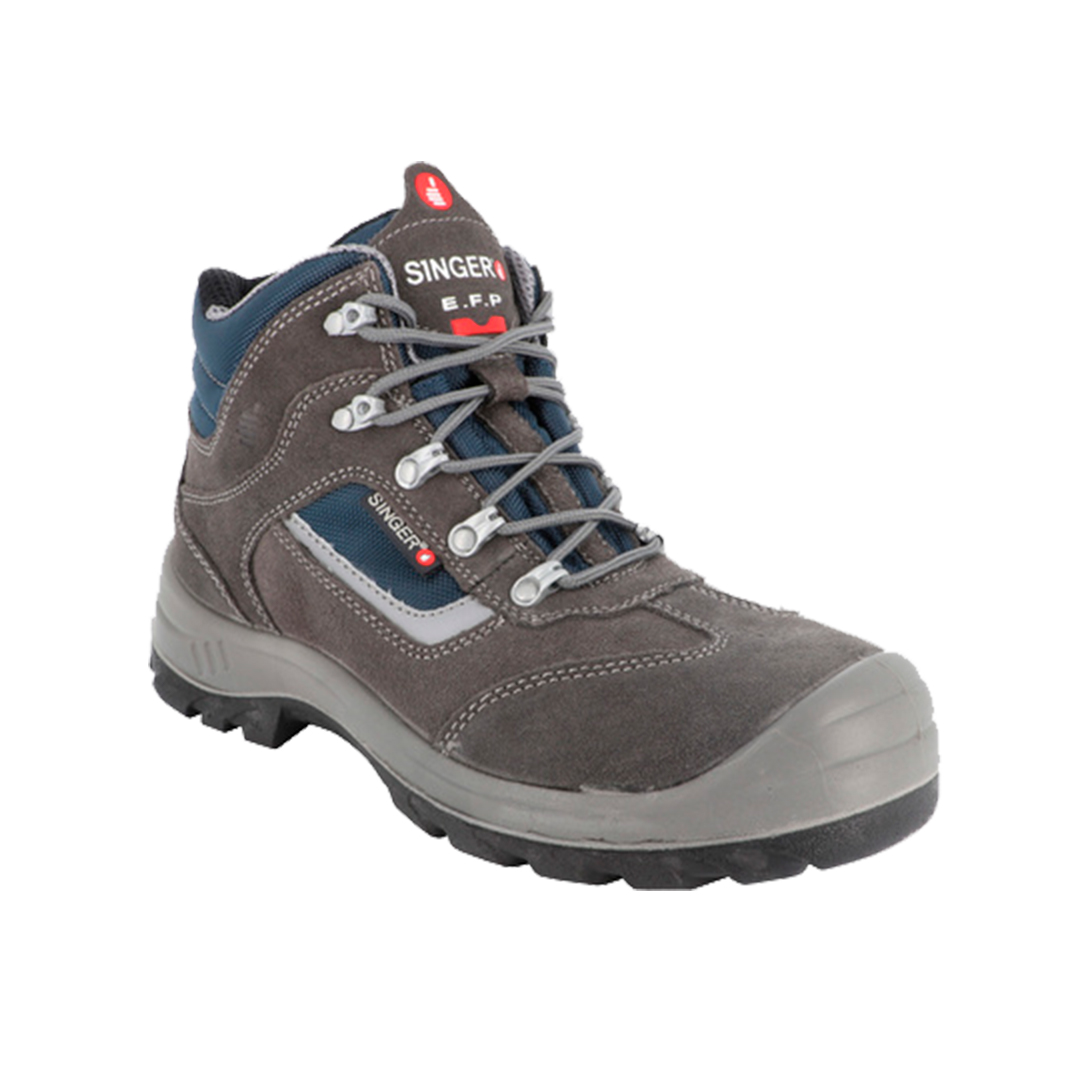 Producto de bota de seguridad marrón con detalle azul marino y gris