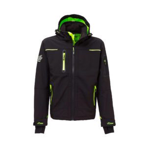 Producto de una chaqueta negra con detalle verde para industria base