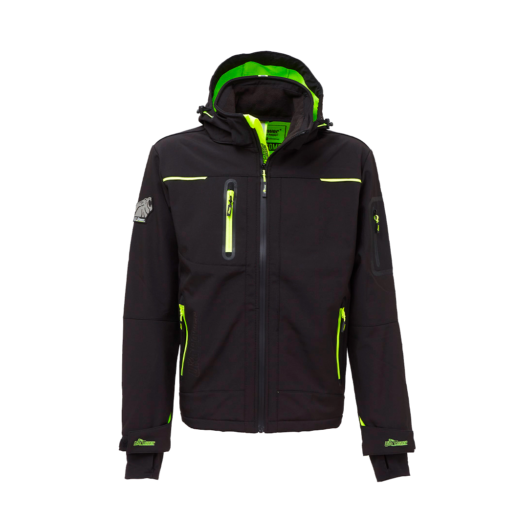 Producto de una chaqueta negra con detalle verde para industria base