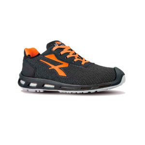 Producto de zapato de segurdad negro con detalle naranja