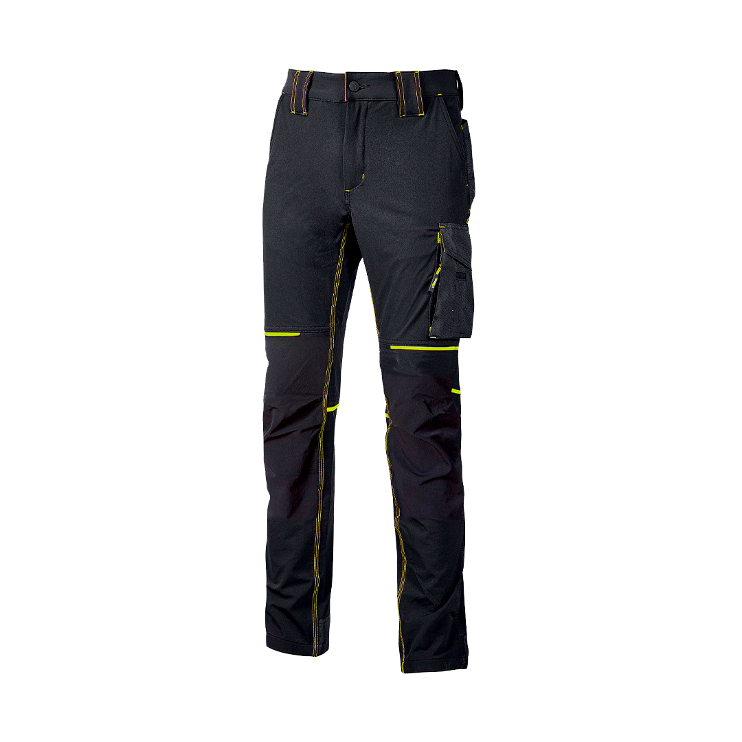 Producto de un pantalon negro multibolsillos con detalle verde para industria base