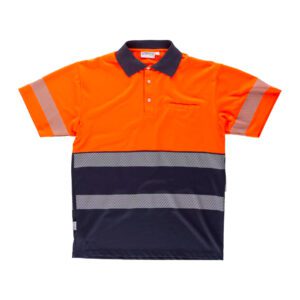 Producto de polo de alta visibilidad naranja y azul marino
