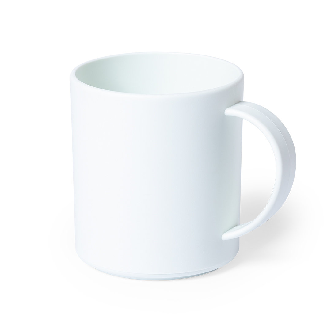Taza fabricada con materia PLA blanca personalizable para merchandising